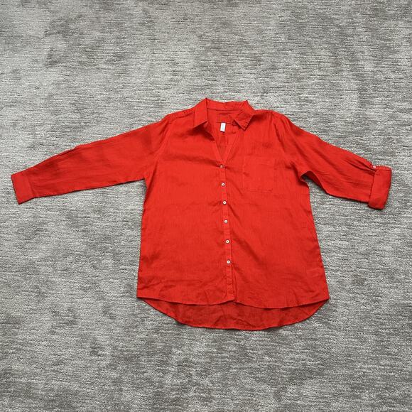 Sigrid Olsen Shirt Womens XL Red 100% Linen Roll Tab Sleeve Button Front Pocket - Picture 1 of 9